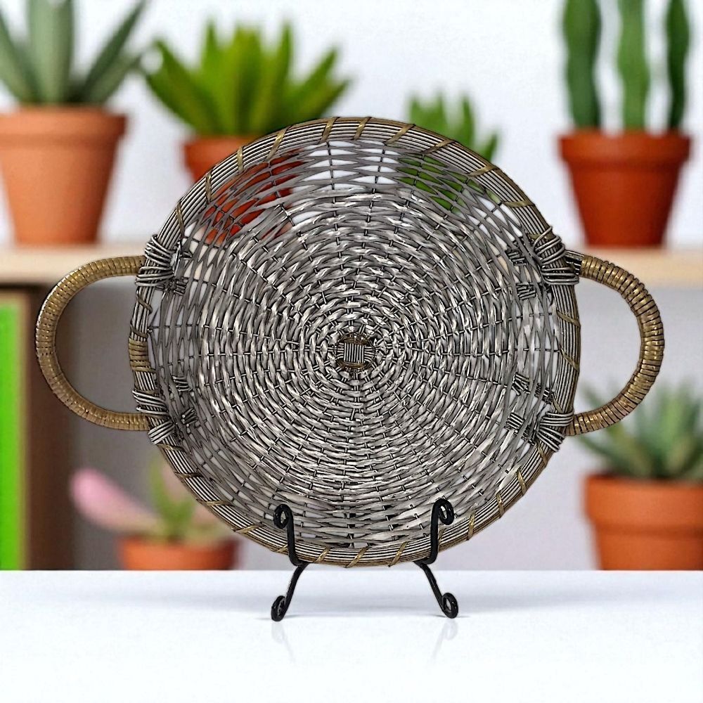 Vintage Woven Metal Wire Basket Tray Handles Silver Tone Rustic Farmhouse Tuscan